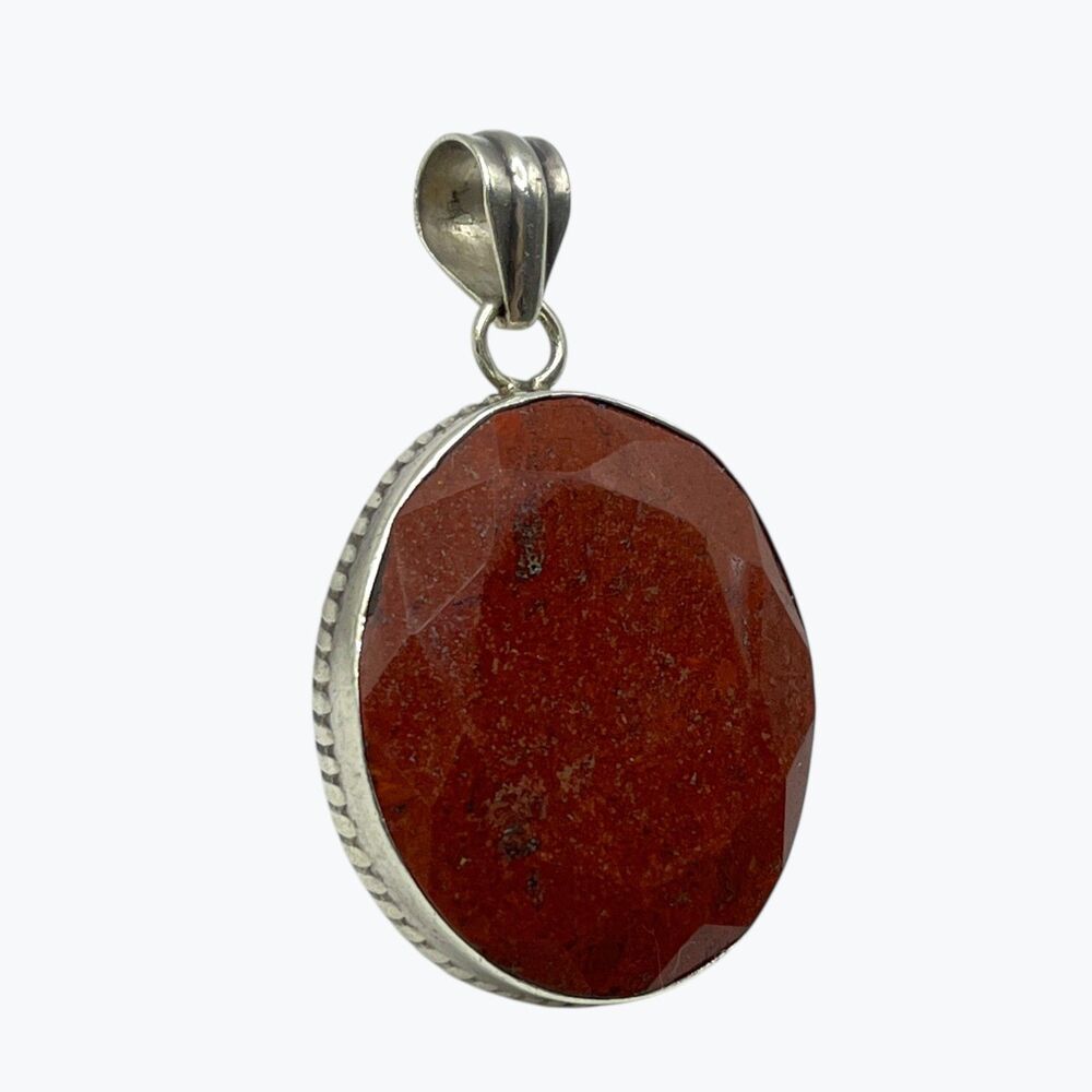 Vintage Oval Jasper Pendant Sterling Silver Faceted Red Brown Gemstone Large
